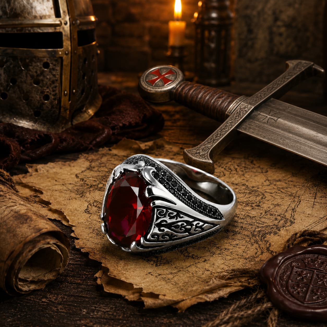 Bague du Commandeur en argent 925 sterling avec pierre rouge dans un décor templier