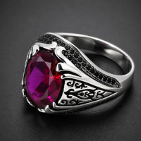 Bague du Commandeur en argent 925 sterling avec pierre rose facettée et gravures latérales