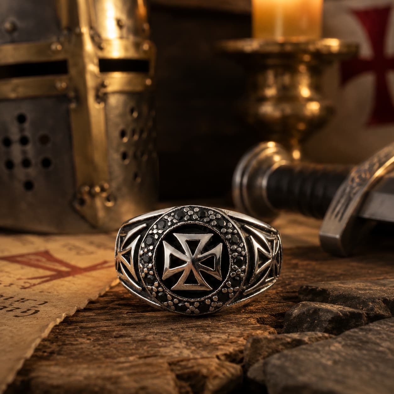 Bague du Commandeur Croisé en acier inoxydable dans un décor médiéval avec casque, épée, parchemin et bougie