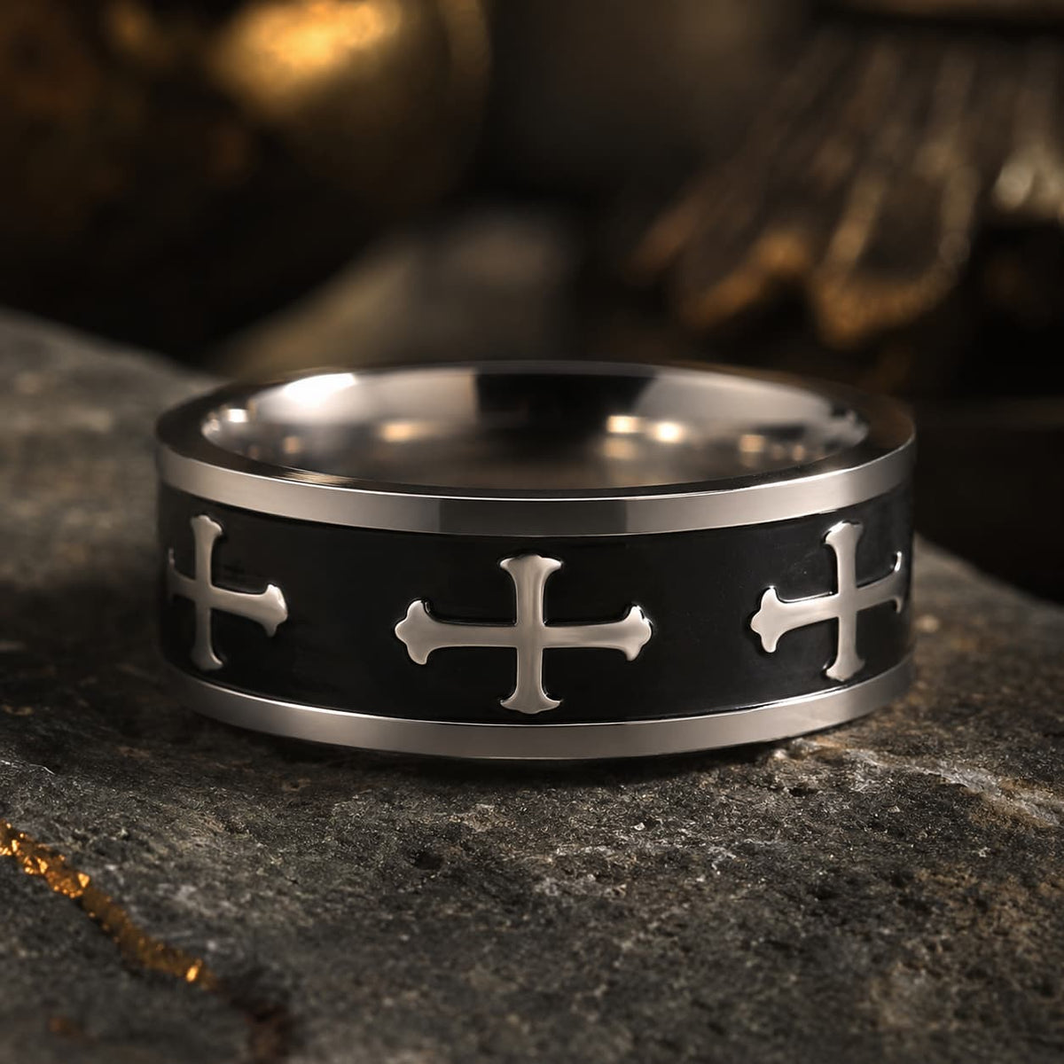 Bague du Défenseur de la Foi en acier inoxydable avec croix argentées sur fond anthracite