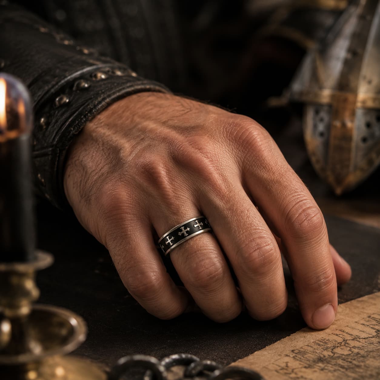 Bague du Défenseur de la Foi en acier inoxydable avec croix argentées sur parchemin