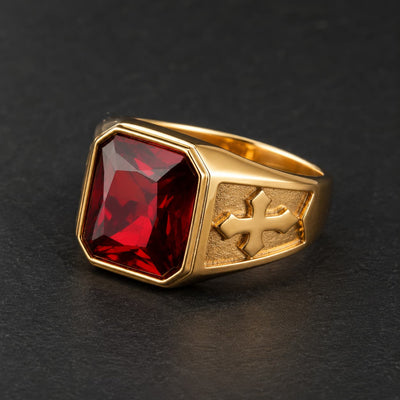 Bague du Gardien du Trésor Templier en acier inoxydable doré avec pierre rouge et croix templière