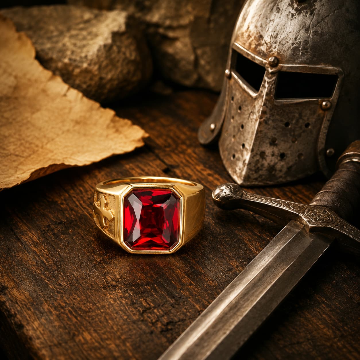 Bague du Gardien du Trésor Templier en acier inoxydable doré présentée dans un décor médiéval