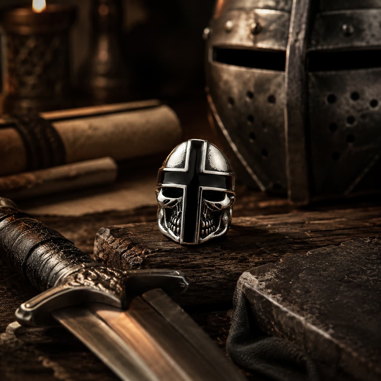 Bague du Guerrier du Jugement en acier inoxydable présentée dans un décor médiéval