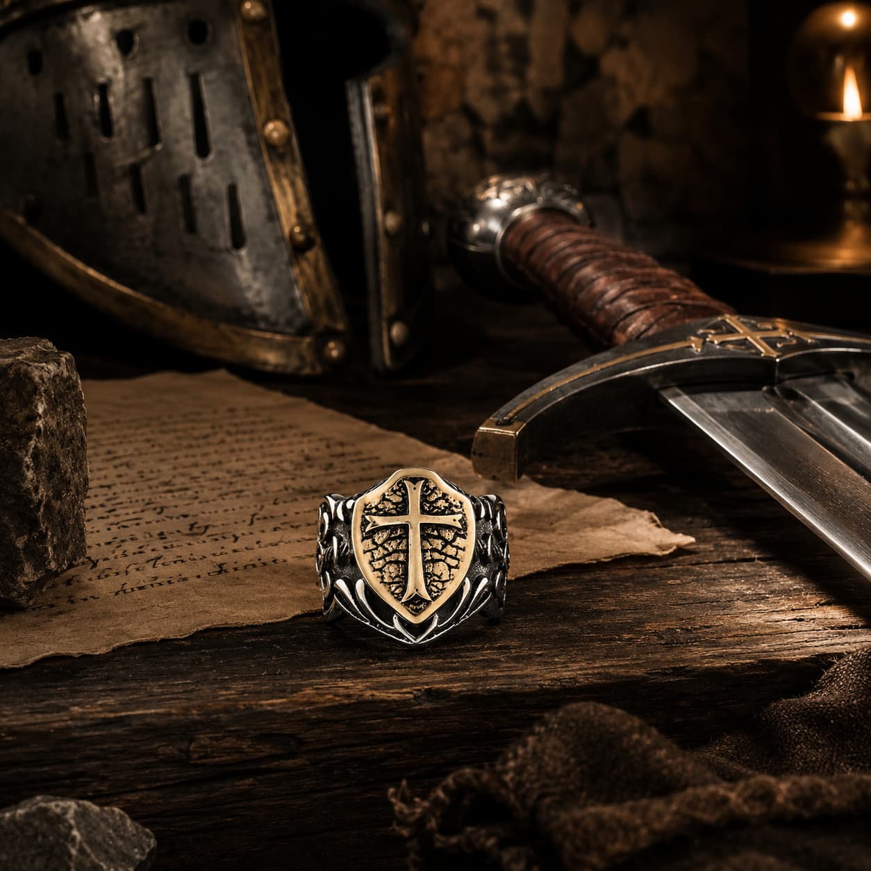 Bague du Guerrier du Temple en acier inoxydable dans un décor médiéval avec épée