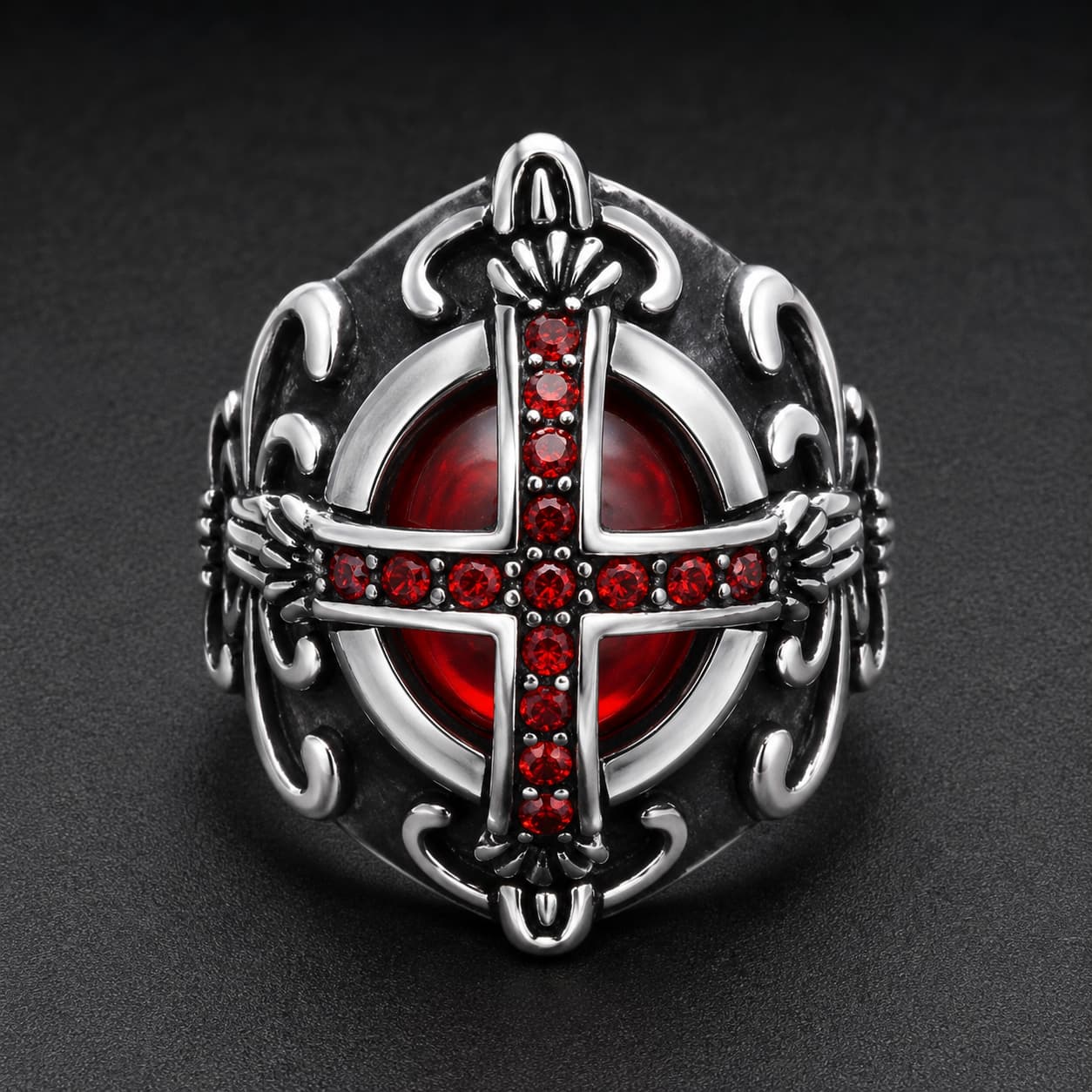 Bague du Juge du Temple en acier inoxydable avec croix rouge sertie et pierre centrale rouge