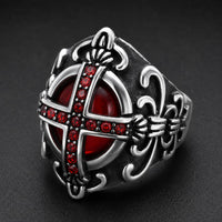 Bague du Juge du Temple en acier inoxydable vue de profil avec ornements noirs et rouges