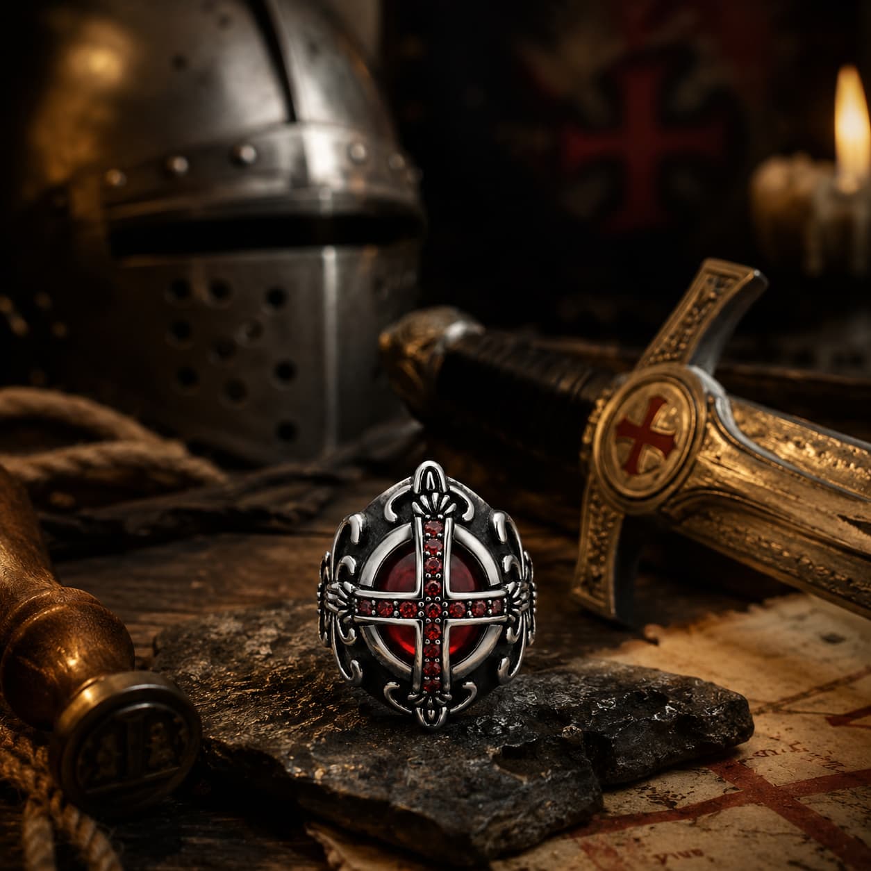 Bague du Juge du Temple en acier inoxydable dans une mise en scène templière avec épée et casque