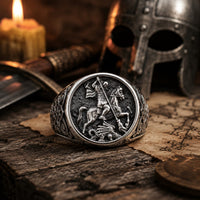 Bague du Sceau de Saint Georges en acier inoxydable avec cavalier et dragon dans un décor médiéval