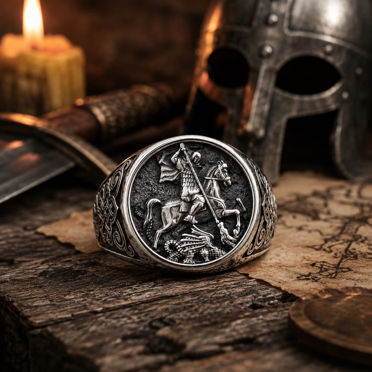 Bague du Sceau de Saint Georges en acier inoxydable avec cavalier et dragon dans un décor médiéval