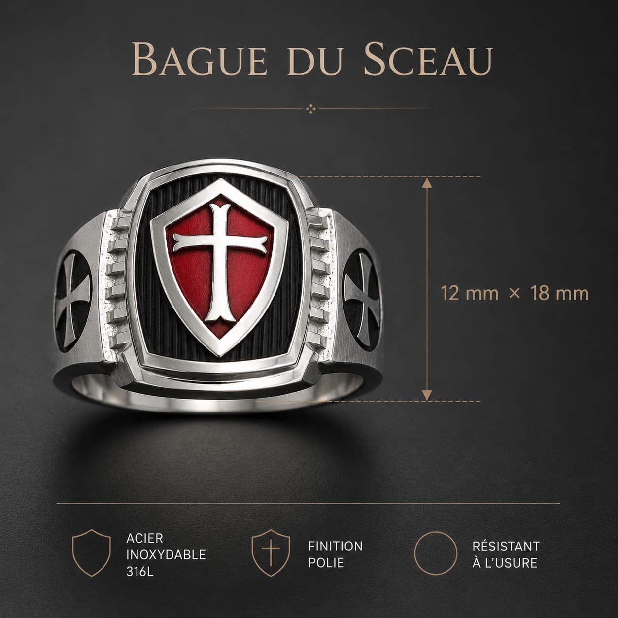 Bague du Sceau des Croisés en acier inoxydable en gros plan avec croix templière blanche sur blason rouge