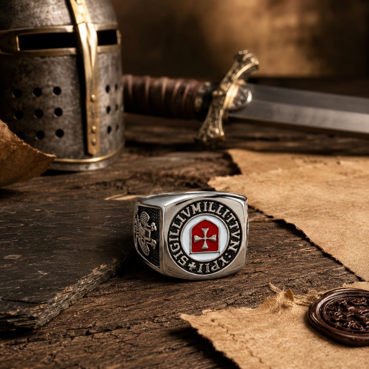 Bague du Sceau Templi en acier inoxydable dans un décor médiéval avec casque et épée