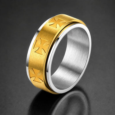 Bague du Serment Sacré en acier inoxydable dorée avec croix templières gravées