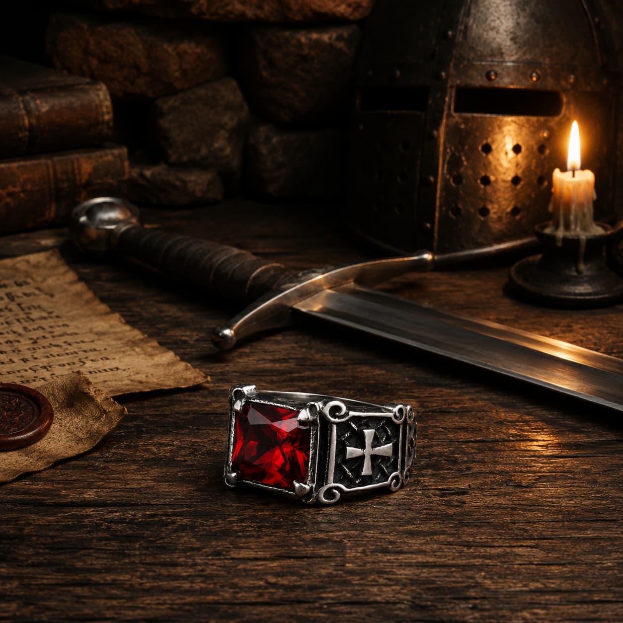 Bague du Vœu Sacré en acier inoxydable présentée dans un décor templier avec épée et bougie
