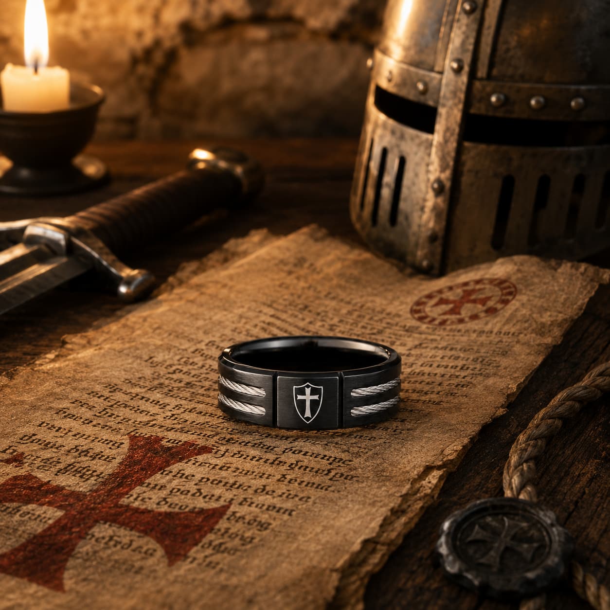 Bague de l’Écuyer en acier inoxydable noire dans un décor médiéval avec parchemin, casque, épée et bougie