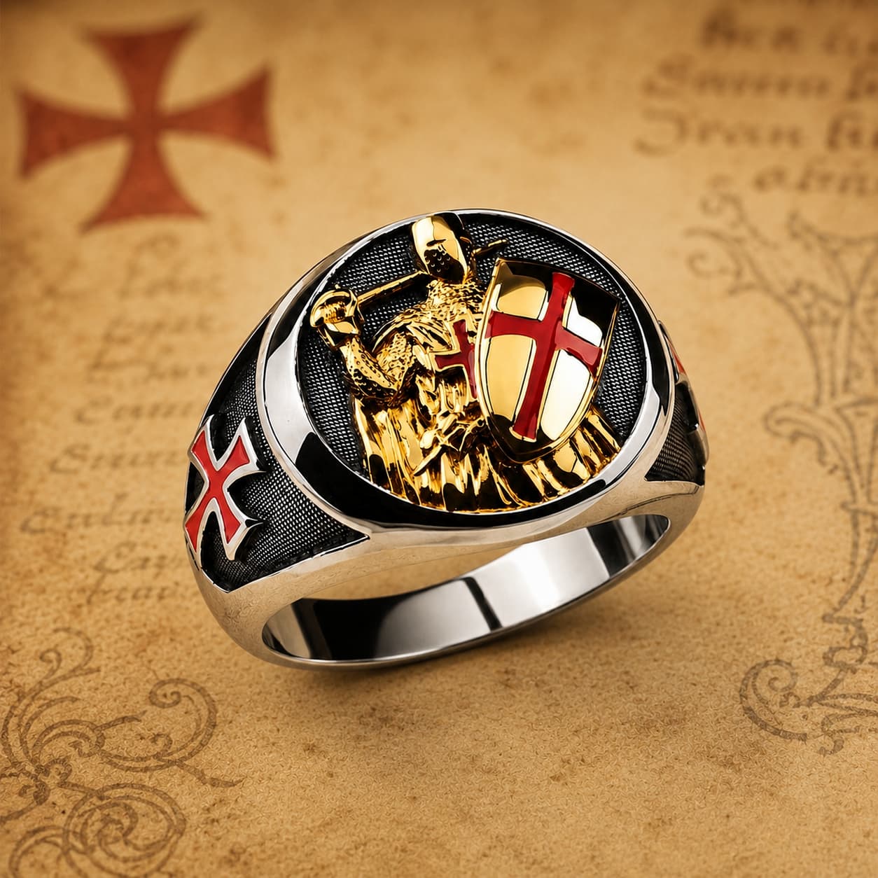 Bague Fierté des Templiers en acier inoxydable avec chevalier templier et bouclier rouge sur fond parchemin