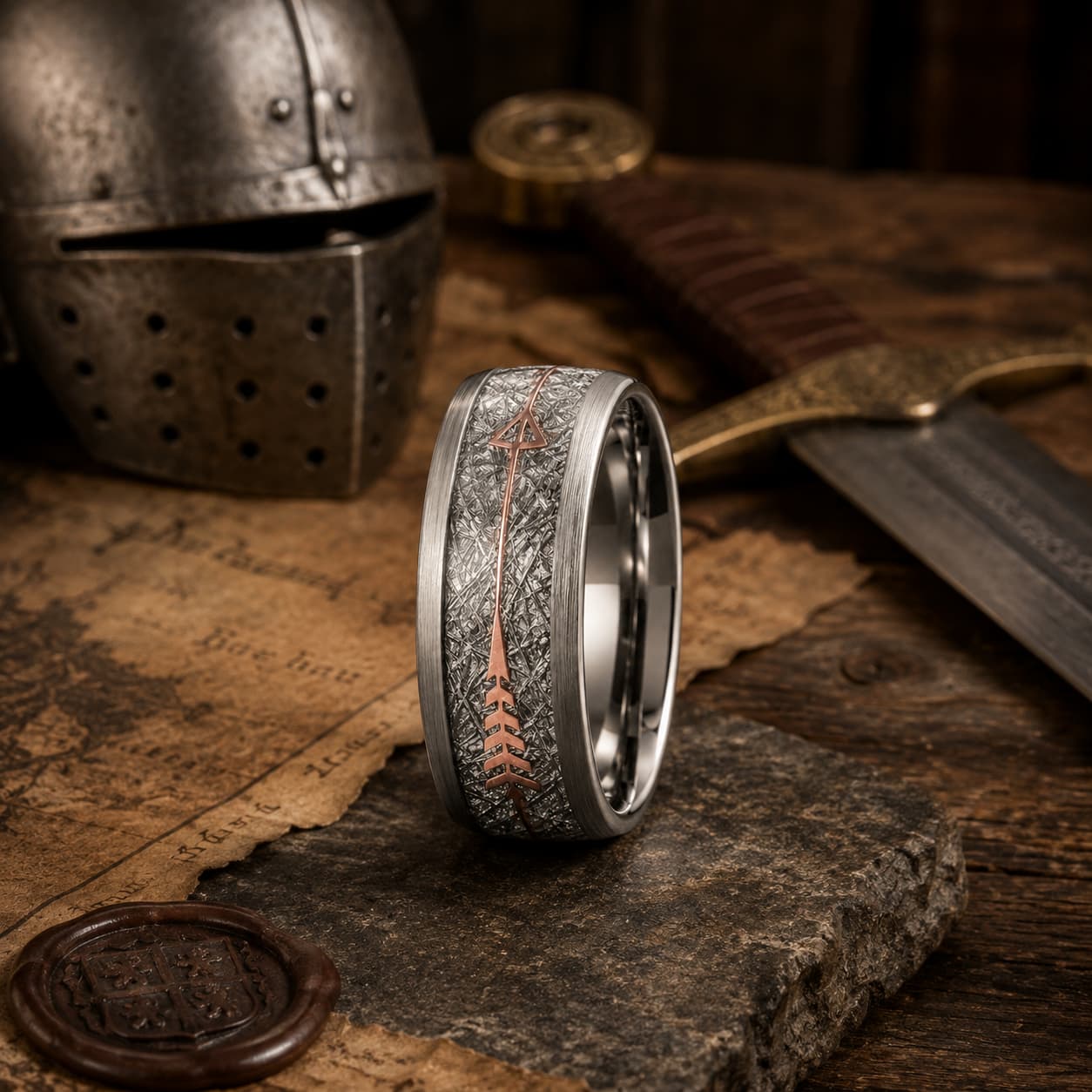 Bague Flèche Sacrée en tungstène présentée dans un décor templier avec casque et épée