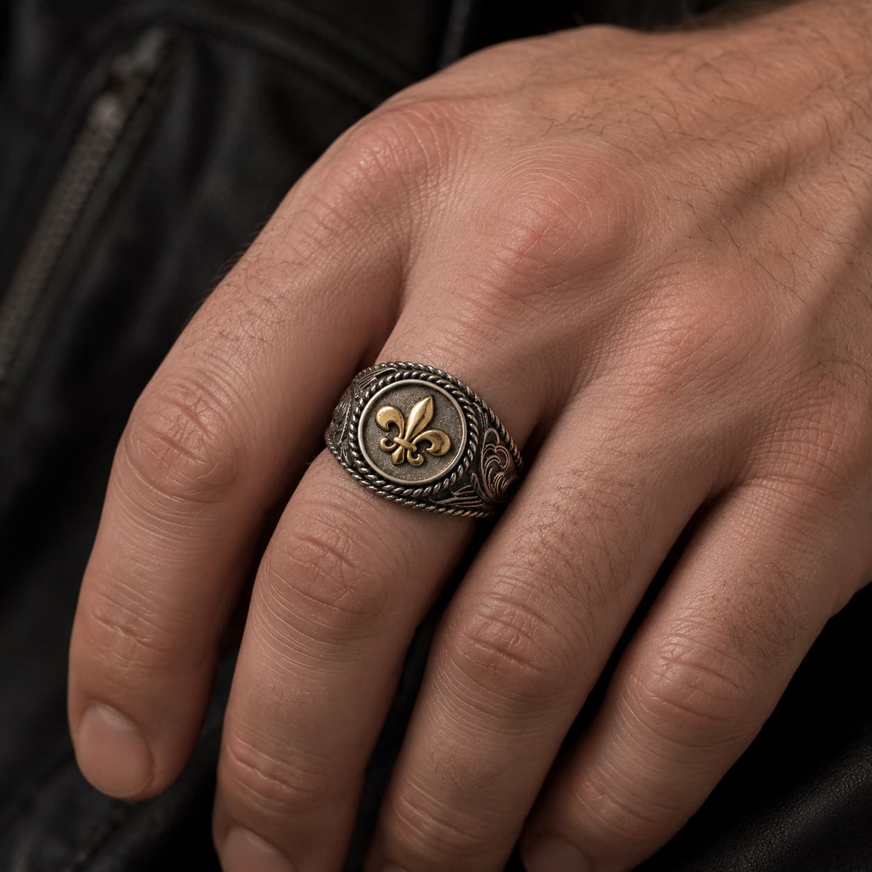 Bague Fleur de Lys Royale en argent 925 sterling portée à la main avec emblème doré et gravures ornementales