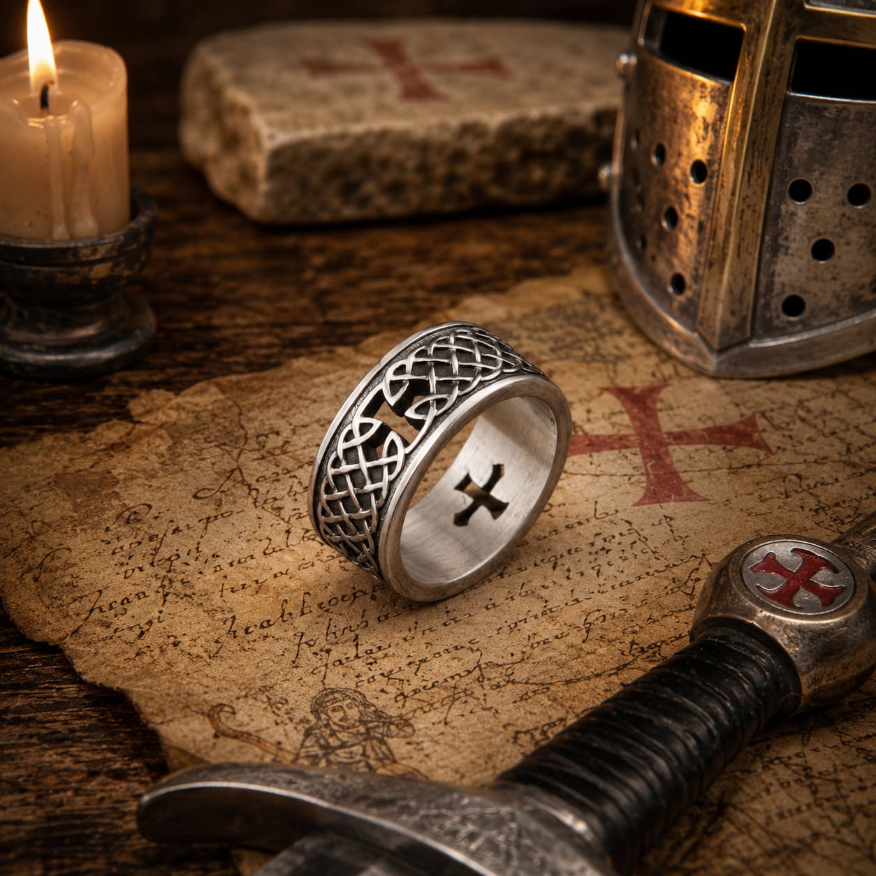 Bague de la Foi Éternelle en acier inoxydable présentée dans un décor médiéval avec parchemin, épée, casque et bougie