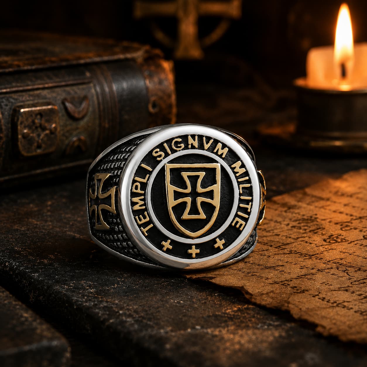 Bague du Général en acier inoxydable présentée dans une ambiance médiévale templière.
