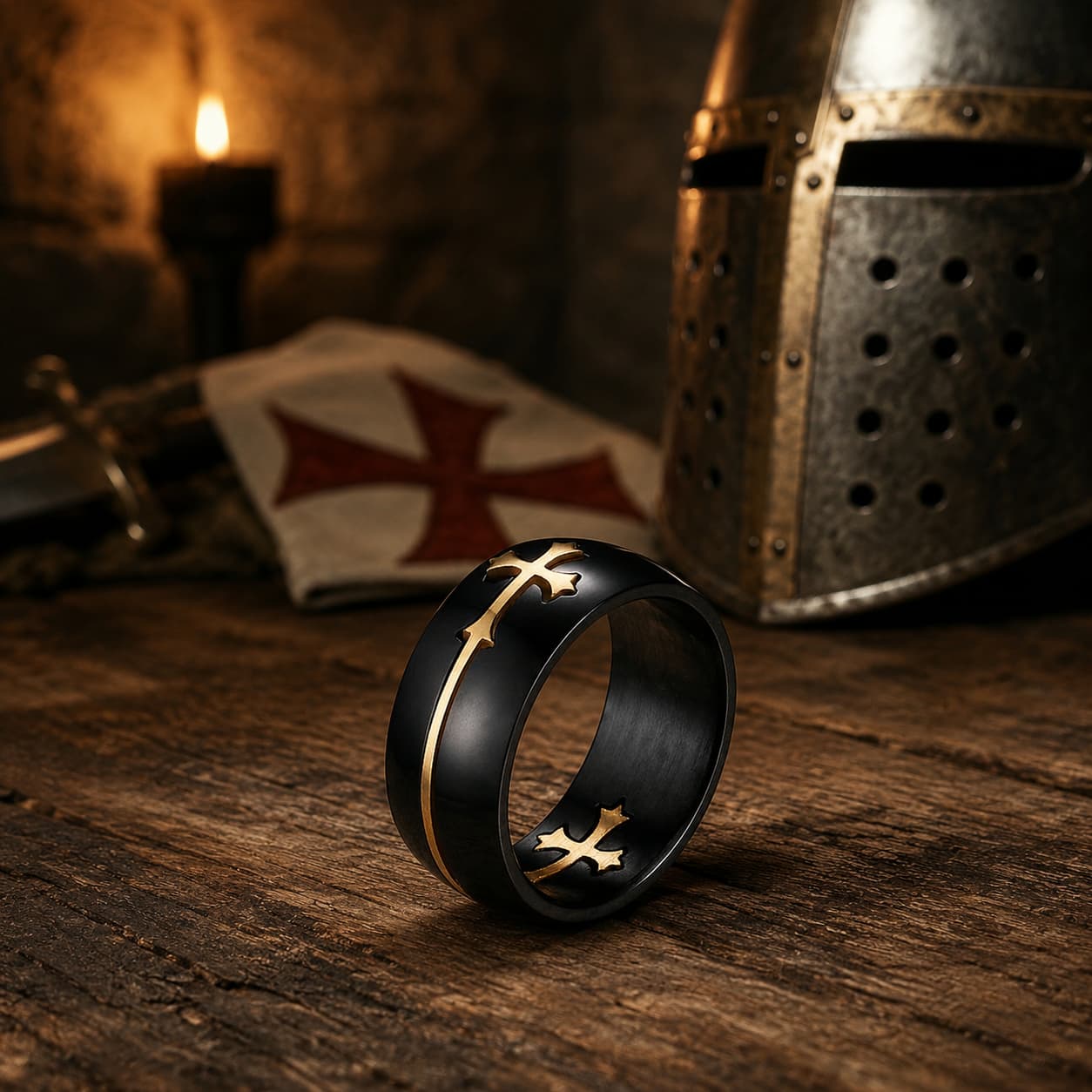 Bague de la Guerre Sainte en acier inoxydable dans une ambiance médiévale templière