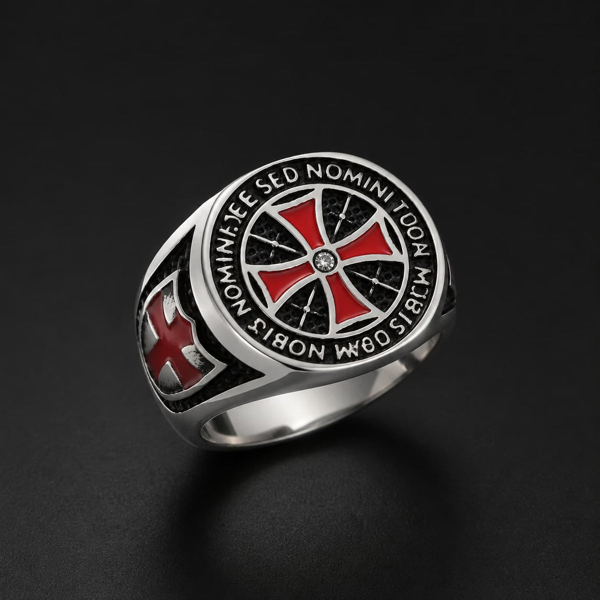 Bague Héritage Templier en acier inoxydable avec croix rouge sur fond anthracite