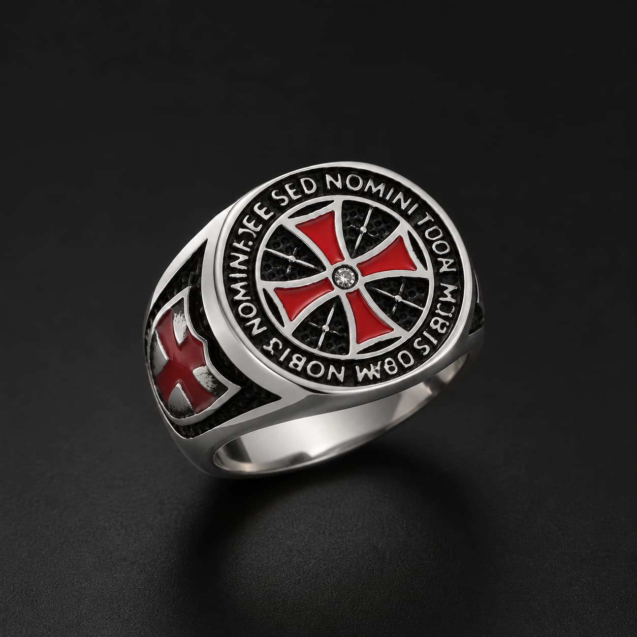 Bague Héritage Templier en acier inoxydable avec croix rouge sur fond anthracite
