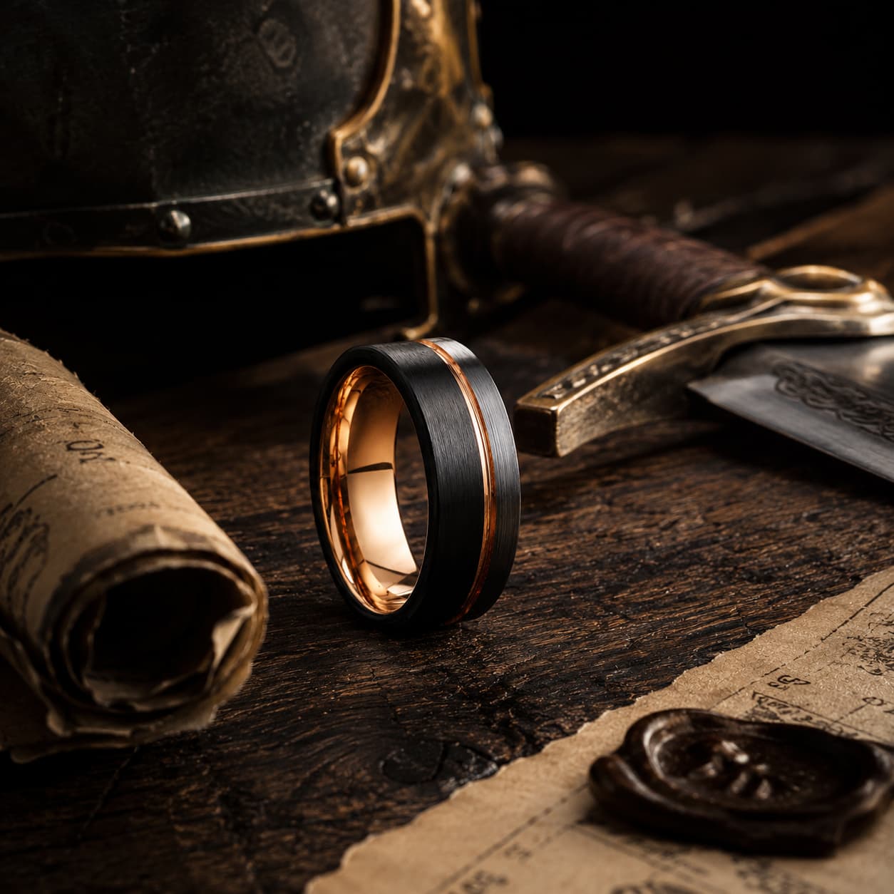 Bague Hugues de Payns en tungstène noir et rose présentée dans un décor médiéval