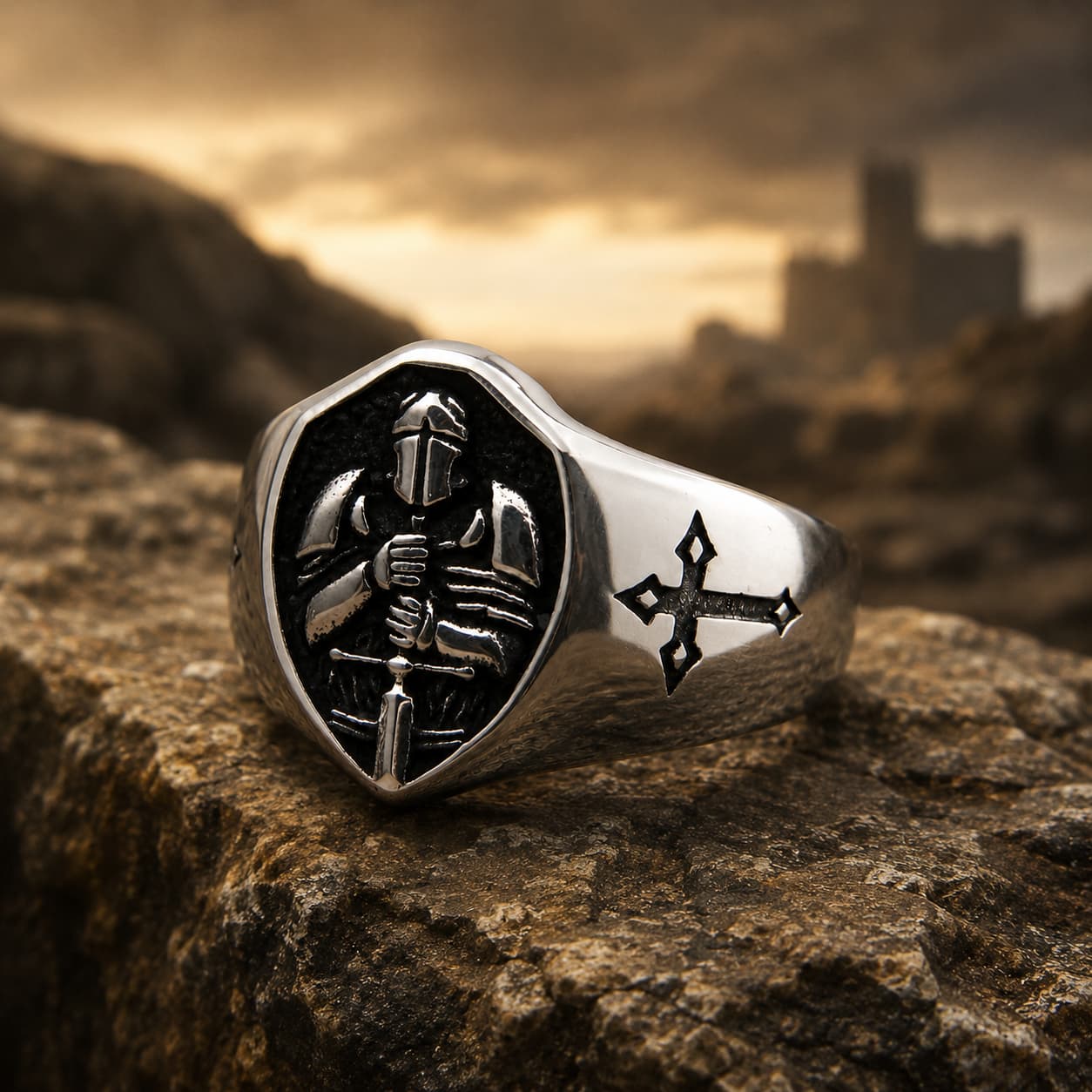 Bague de l'Indompté en acier inoxydable avec chevalier templier dans une ambiance médiévale sur roche