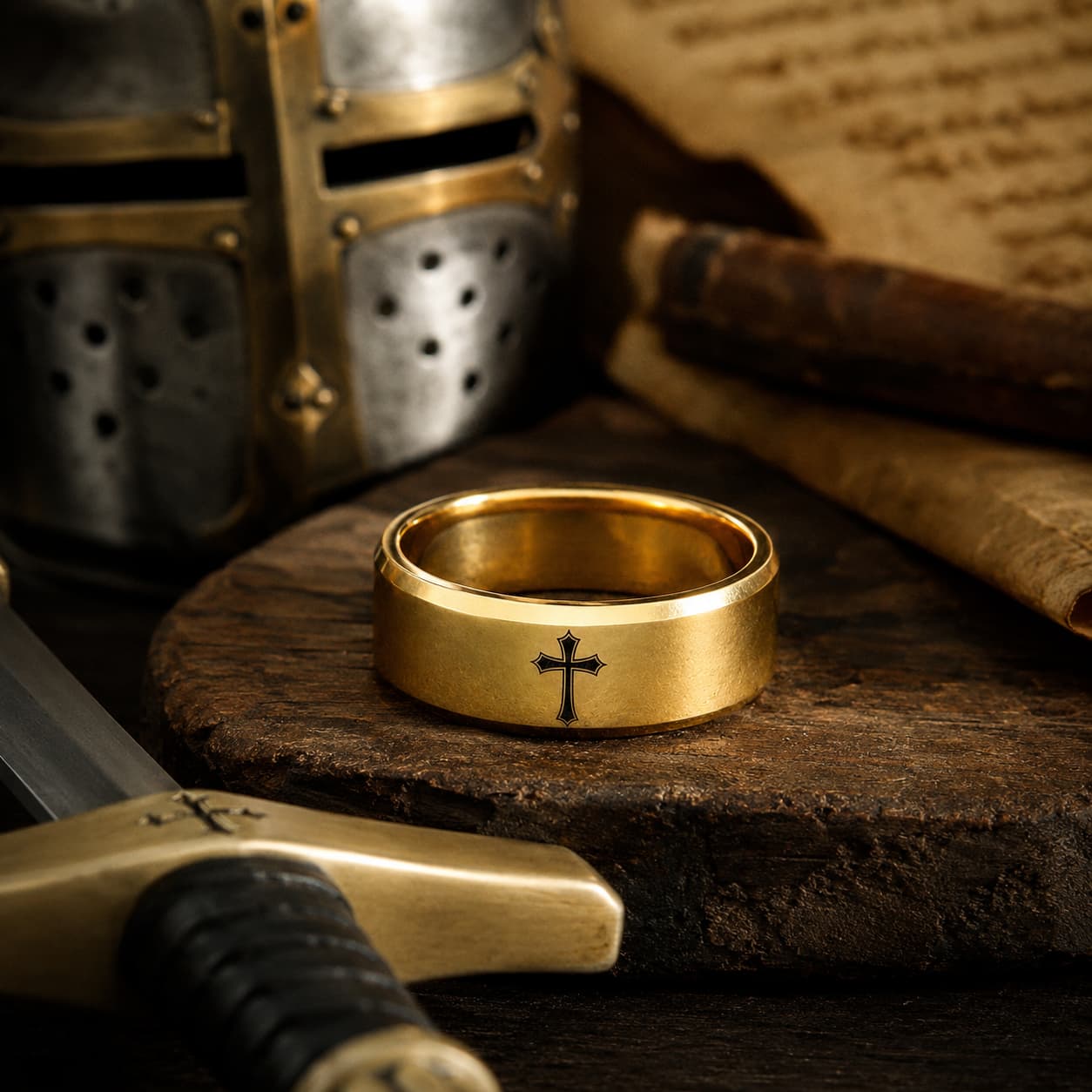 Bague de la Noblesse en tungstène doré dans un décor médiéval avec casque, épée et parchemin