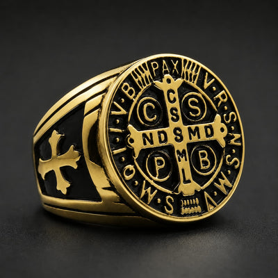 Bague de l’Ordre des Bénédictins en acier inoxydable finition dorée et noire