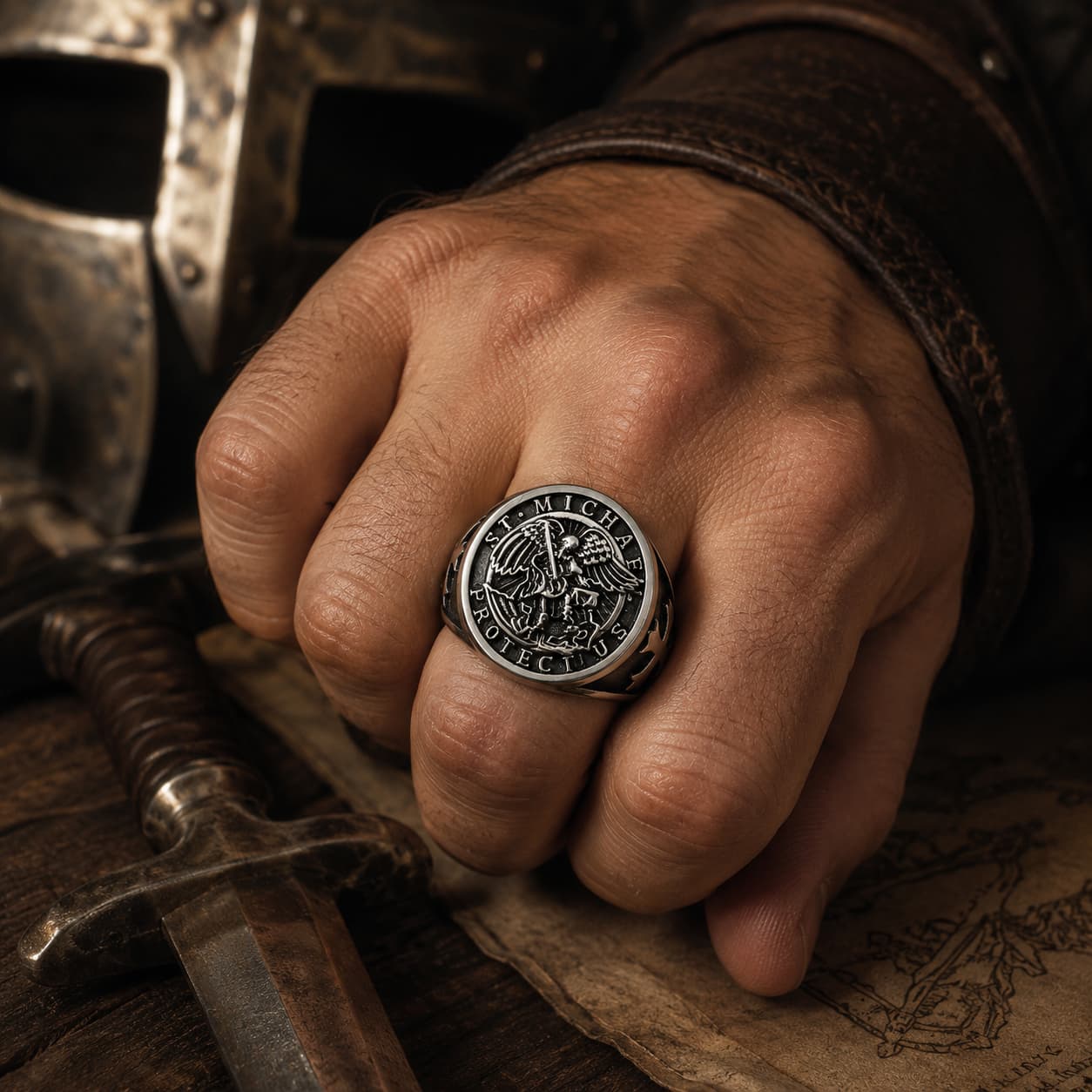 Bague Puissance de l'Archange Michel en acier inoxydable portée à la main dans un décor médiéval