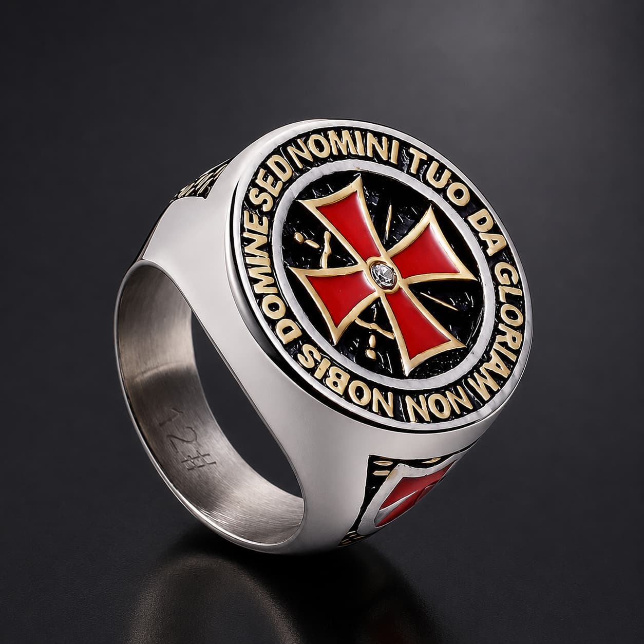 Bague de la Reconquête en acier inoxydable argenté avec croix rouge et inscription templière