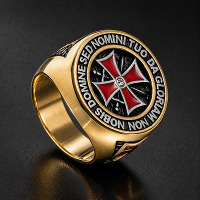 Bague de la Reconquête en acier inoxydable doré avec croix rouge centrale et détails noirs