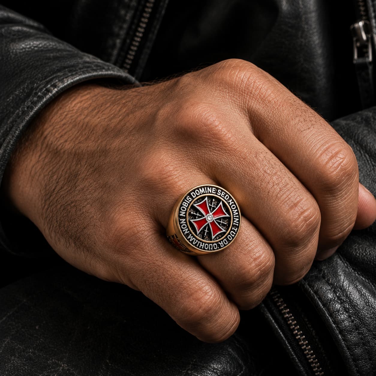 Bague de la Reconquête en acier inoxydable doré portée à la main avec croix rouge
