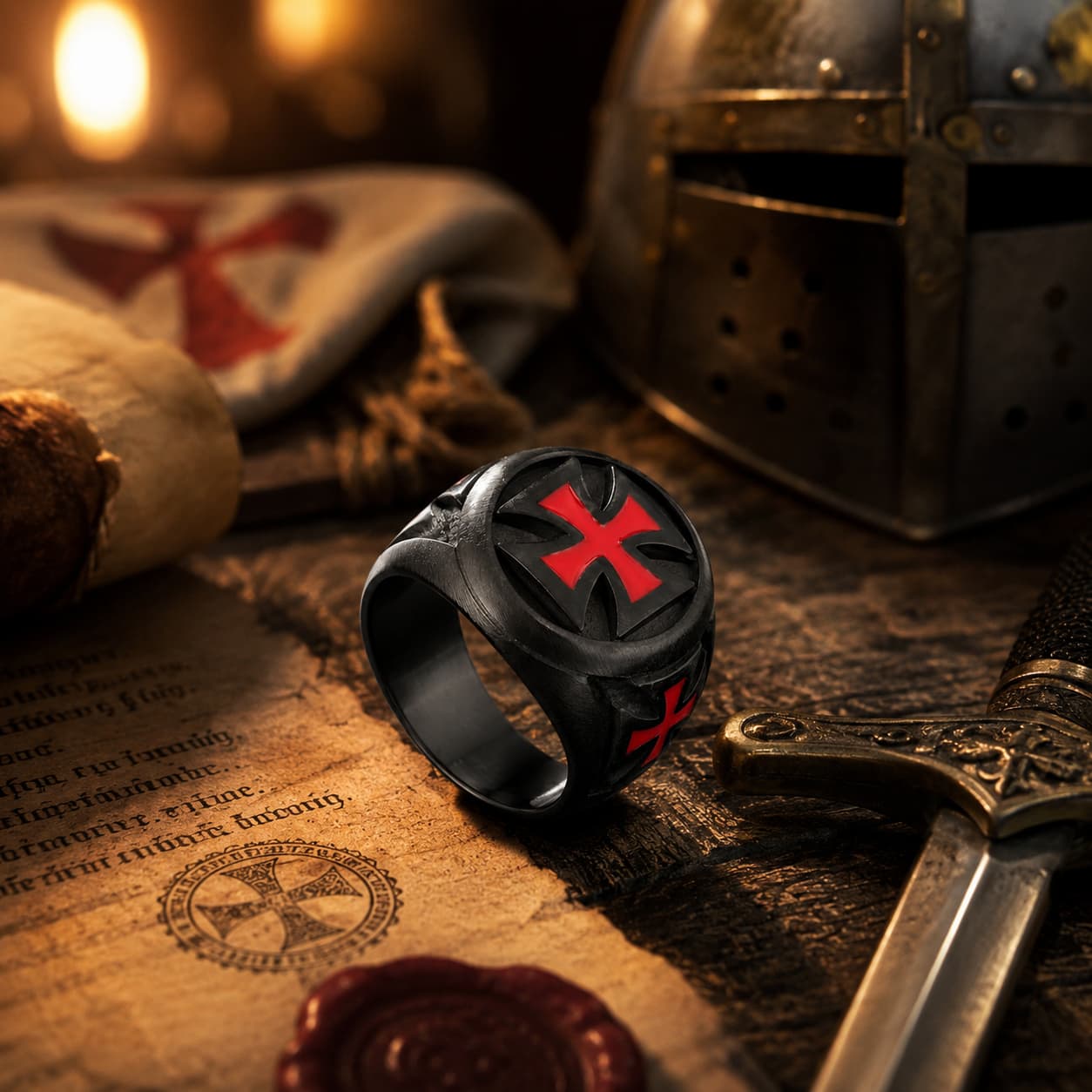 Bague du Renouveau Templier en acier inoxydable présentée dans un décor médiéval avec parchemin, épée et casque