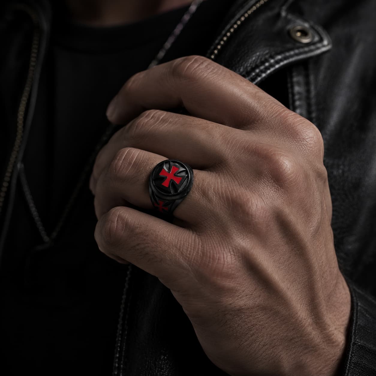 Bague du Renouveau Templier en acier inoxydable portée à la main par un homme