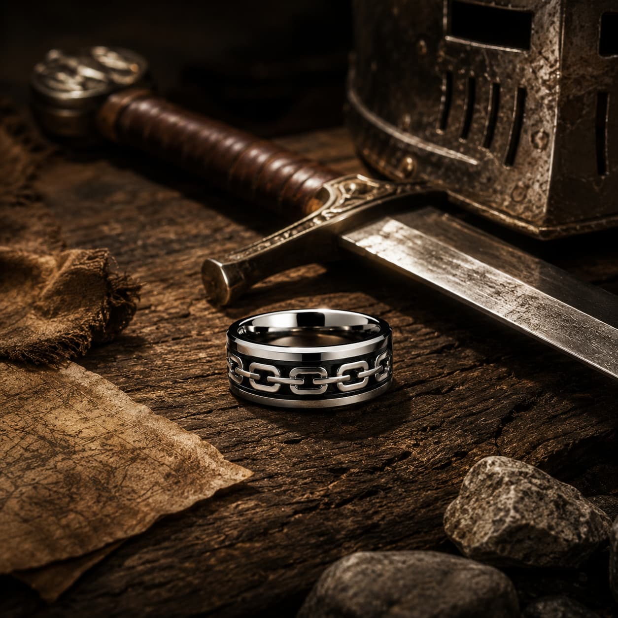 Bague de Robert de Craon en tungstène présentée dans un décor templier avec épée et parchemin