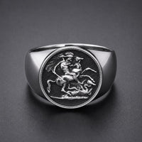 Bague Sacrée de Saint Georges en acier inoxydable argenté avec médaille de chevalier terrassant le dragon