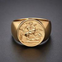Bague Sacrée de Saint Georges en acier inoxydable doré avec médaille de chevalier terrassant le dragon