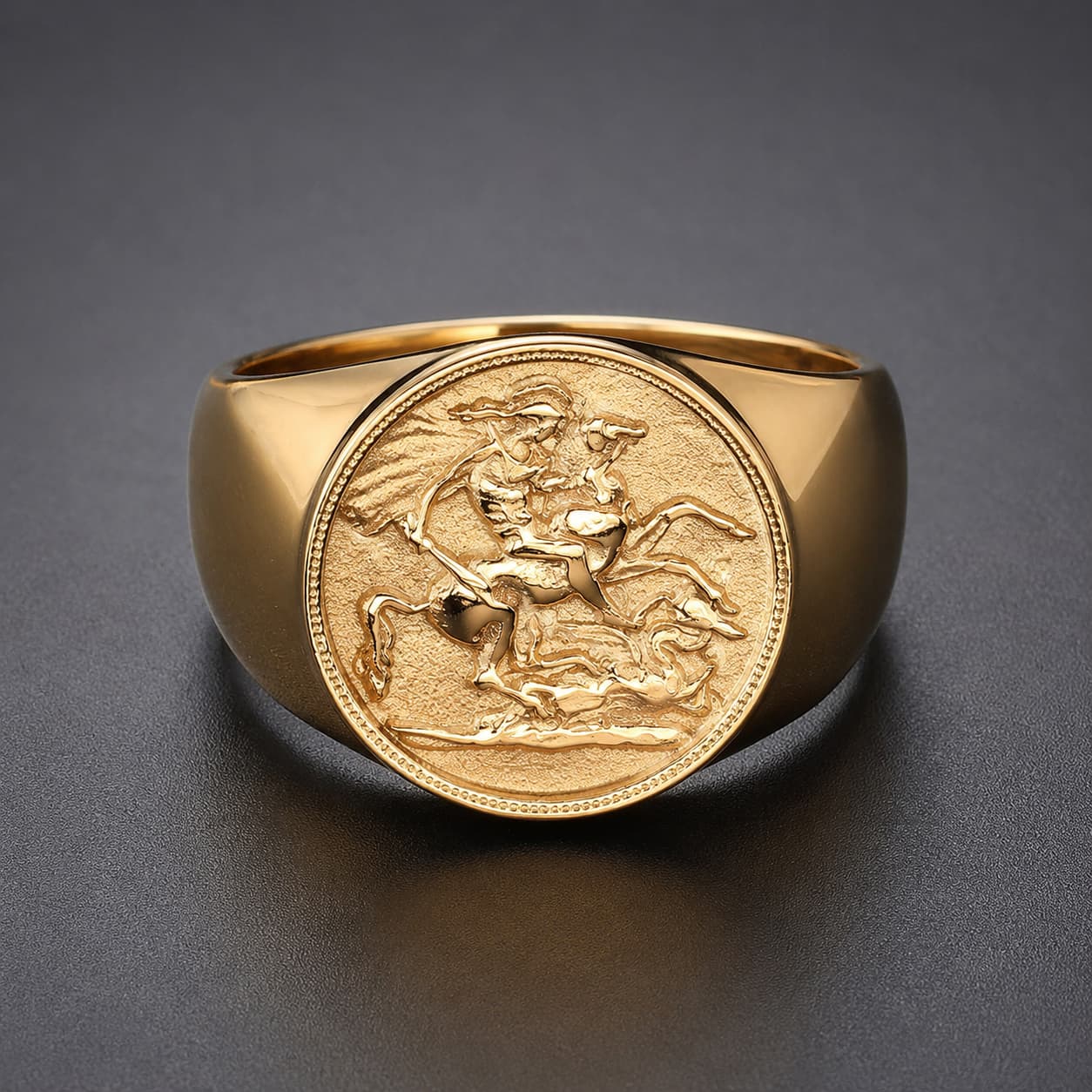 Bague Sacrée de Saint Georges en acier inoxydable doré avec médaille de chevalier terrassant le dragon