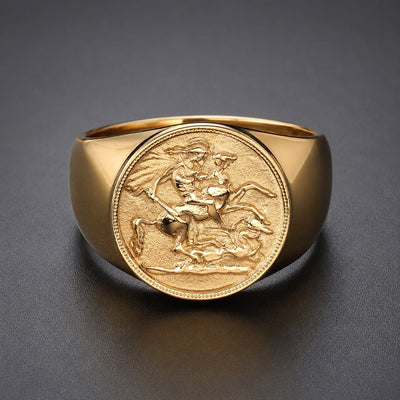 Bague Sacrée de Saint Georges en acier inoxydable doré avec médaille de chevalier terrassant le dragon