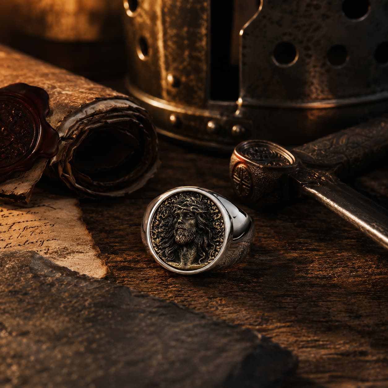 Bague Sacrée du Christ en acier inoxydable avec portrait de Jésus dans un décor templier