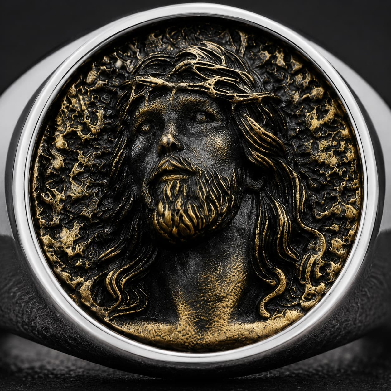 Gros plan de la Bague Sacrée du Christ en acier inoxydable avec portrait de Jésus