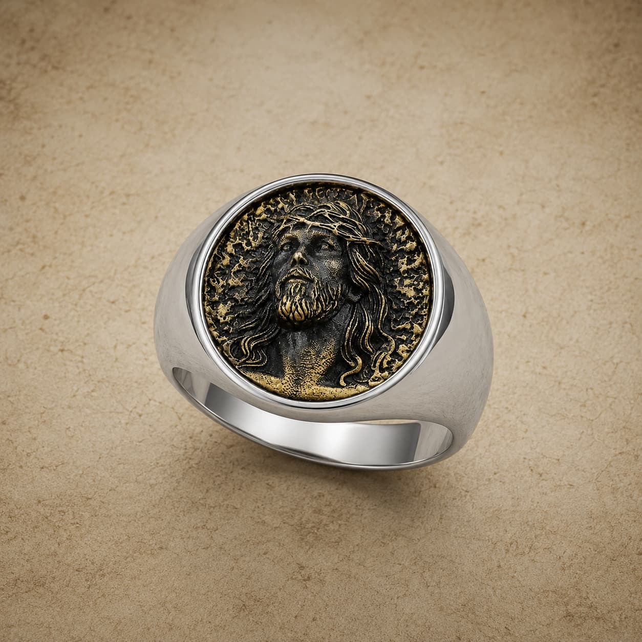 Bague Sacrée du Christ en acier inoxydable avec portrait de Jésus sur fond parchemin