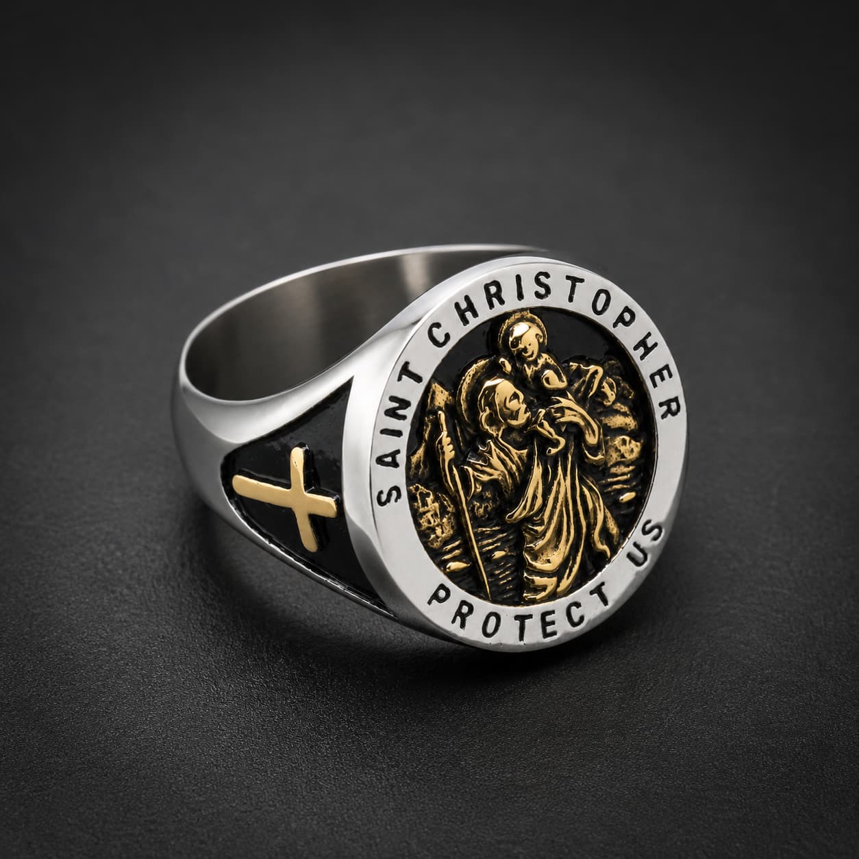 Bague Saint Christophe en acier inoxydable avec croix dorée latérale et médaillon protecteur