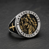 Bague Saint Christophe en acier inoxydable avec médaille dorée et inscription Protect Us