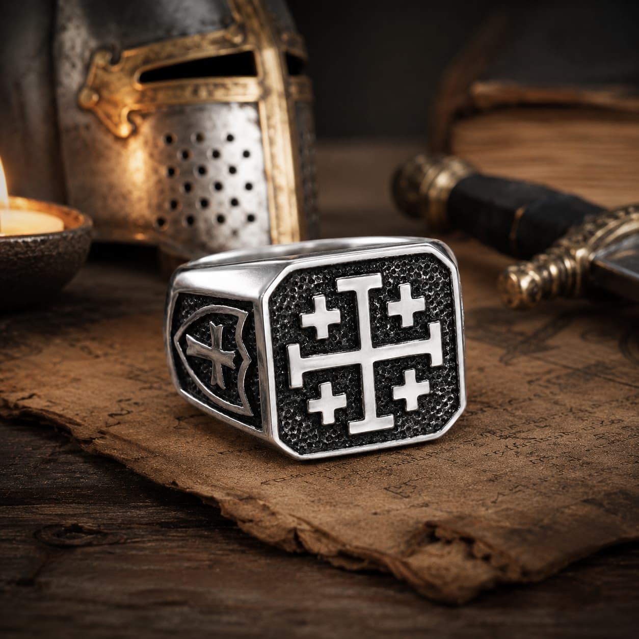 Bague du Saint-Sépulcre en acier inoxydable avec croix de Jérusalem dans un décor médiéval