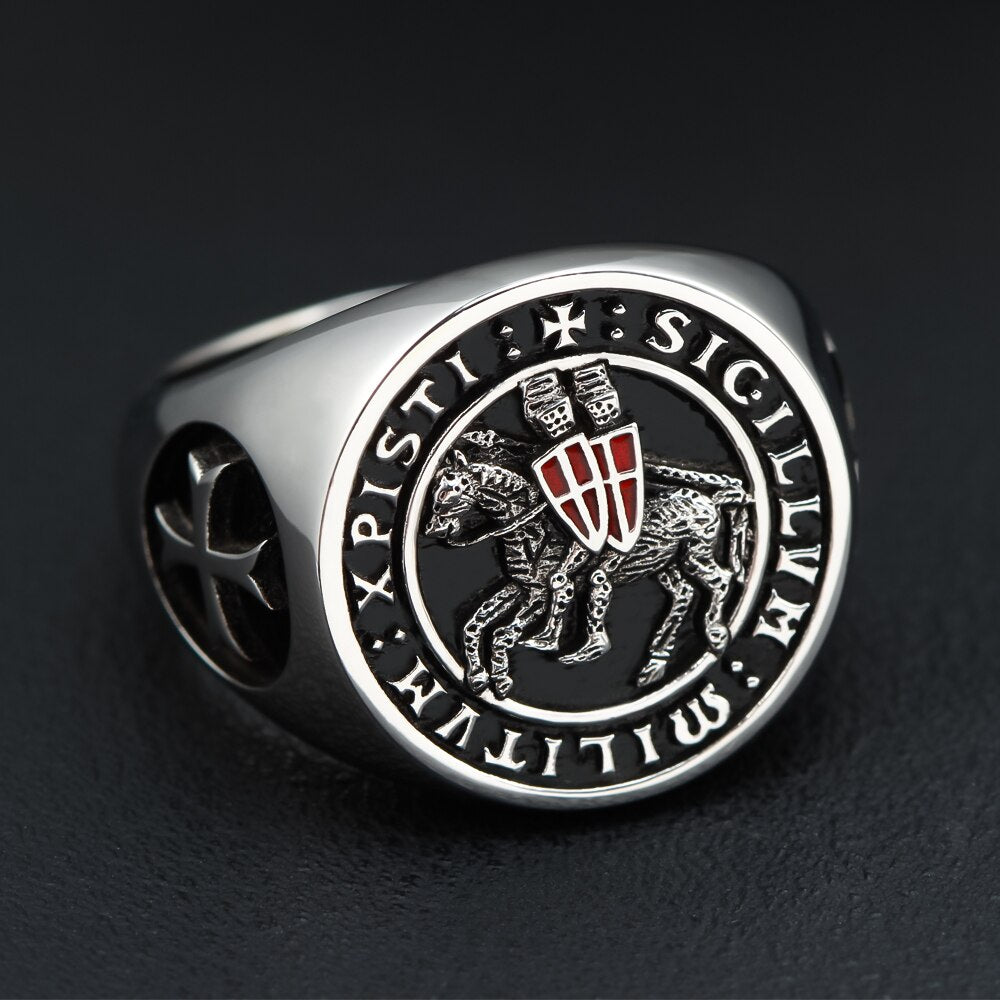 Bague du Sceau des Grands Maîtres en argent 925 sterling avec sceau templier et inscription Xpisti Sigillum Militum