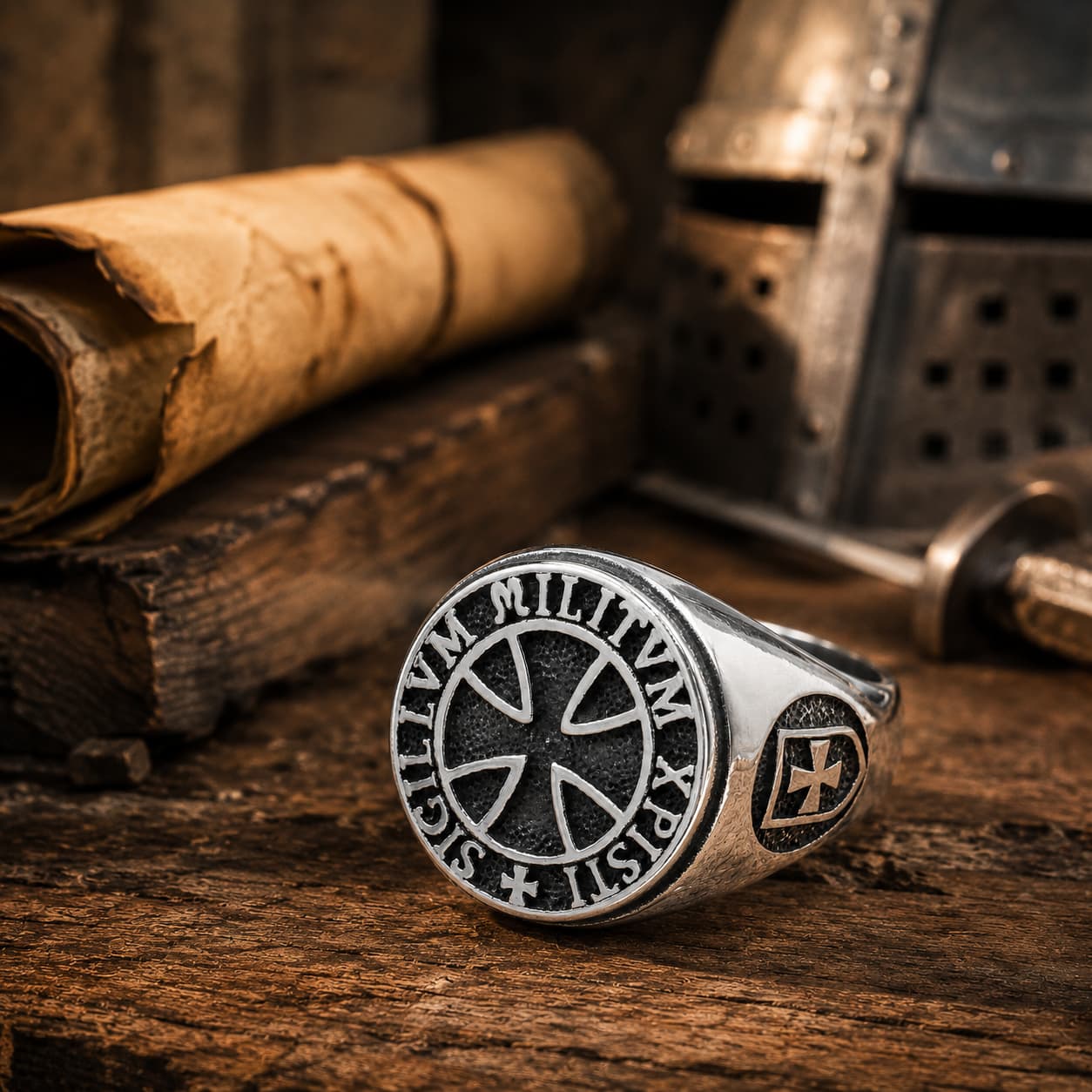 Bague Sigillum Militum Xpisti en acier inoxydable présentée dans un décor médiéval